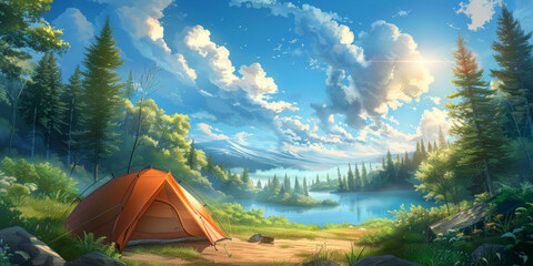 a tent in the middle of a scene in the forest, Camping tent in a camping in a forest