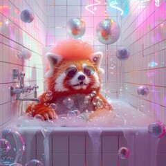 A delightful scene of a red panda surrounded by floating bubbles in a bathroom adorned with lights