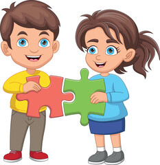 Happy Cute Kids Play Solving Puzzles Together