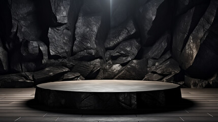 black dark and gray geometric stone and rock shape background minimalist mockup for podium display showcase studio room platform illuminated by spotlights interior texture for display