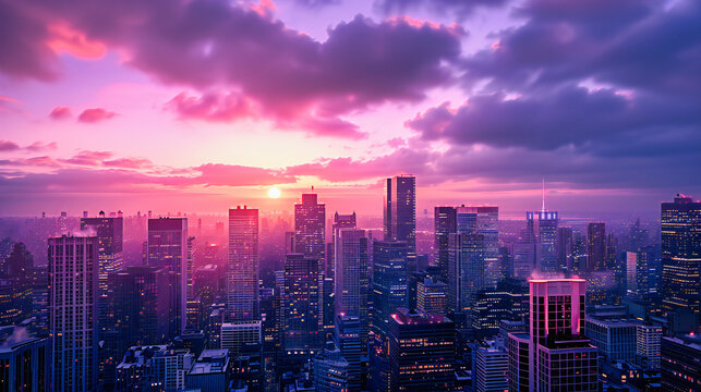 Fototapeta Citys Aerial Elegance, A Twilight Panorama of Urban Splendor, The Majestic View of Metropolitan Life