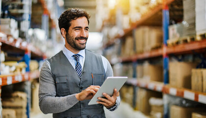 Smiling and laughing salesman in a hardware warehouse standing checking supplies on his tablet