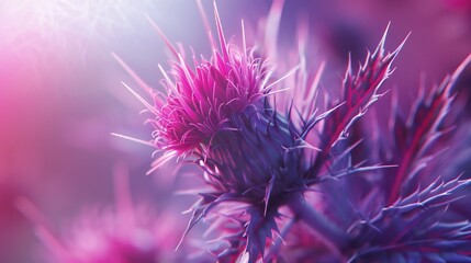 Fresh Fluidity of Thistle: Milk thistle petals in extreme macro, exhibiting a fluid, refreshing form. - obrazy, fototapety, plakaty