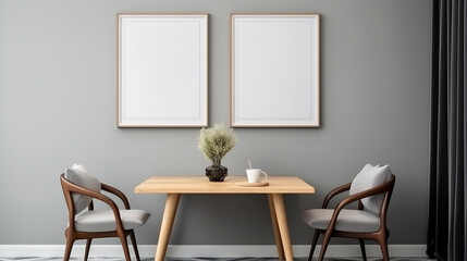 Grey eating room interior with decoration and dining table mockup frame