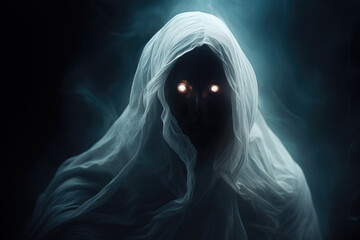 Scary spooky female ghost with glowing eyes