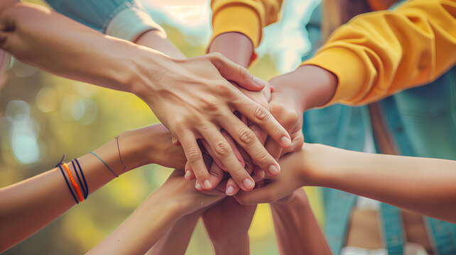 Team Unity Shown Through a Group Hand Stack
. A diverse team places their hands together in a unified stack, symbolizing teamwork and collaboration outdoors.
