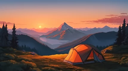 Selbstklebende Fototapeten Camping at sunset, view of camping tent in summer evening © Derby
