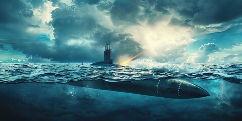 generic military nuclear submarine floating - obrazy, fototapety, plakaty