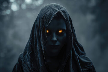 Scary spooky female ghost with glowing eyes - obrazy, fototapety, plakaty