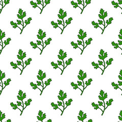 Parsley twig Seamless Pattern. Spice, condiment and herb. Kitchen cooking background. Food Doodle Wallpaper. Vector flat illustration.