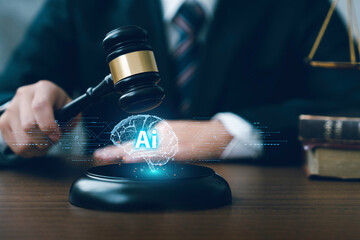 AI law and ethics and legal concepts artificial intelligence law and online technology of legal regulations Controlling artificial intelligence technology is a risk. Judicial gavel and law icon