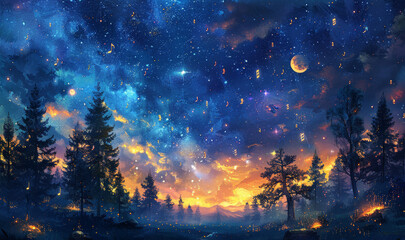 Background night sky with stars, moon and clouds.	

