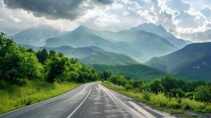 Naklejka premium Asphalt road and green forest with mountain nature landscape