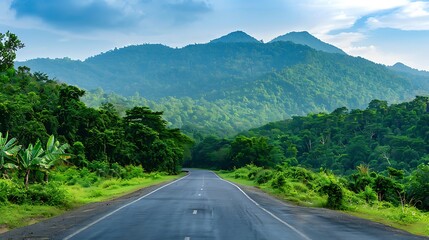 Fototapeta premium Asphalt road and green forest with mountain nature landscape