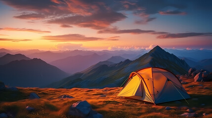 Camping at sunset, view of camping tent in summer evening