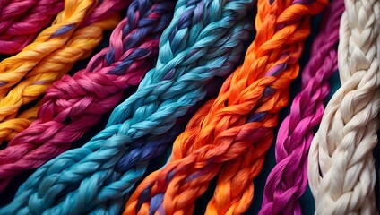 Ropes of various colors braided together against a vibrant background, illustrating the strength and empowerment of a diverse team working in unity and support Generative AI