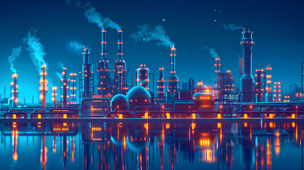 Industrial Nighttime Scene with Illuminated Factory
. An industrial complex stands aglow at night, with smokestacks releasing steam against a dark sky, reflected in water.
