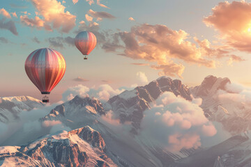 Two hot air balloons flying over mountains - obrazy, fototapety, plakaty