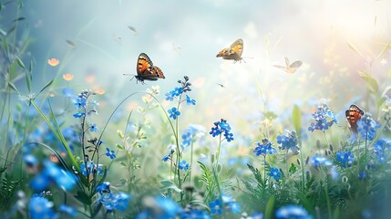 Obraz na płótnie Canvas Beautiful summer or spring meadow with blue flowers of forget-me-nots and two flying butterflies