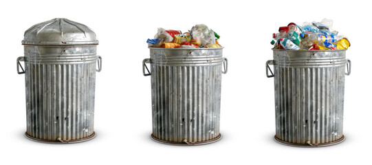 Garbage Bin Set Empty and Full of garbage isolated on Transparent Background. Clipart Empty & Full Trash Can