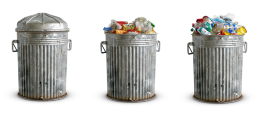 Garbage Bin Set Empty and Full of garbage isolated on Transparent Background. Clipart Empty & Full Trash Can