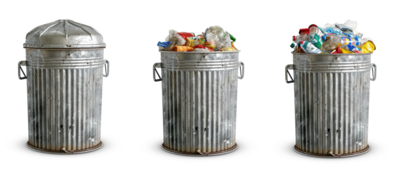 Garbage Bin Set Empty and Full of garbage isolated on Transparent Background. Clipart Empty & Full Trash Can