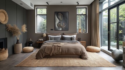 Contemporary Bedroom with Natural Accents and Serene Garden View