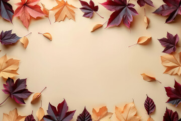 autumn leaves on beige background , Thanksgiving, empty space for text, banner poster