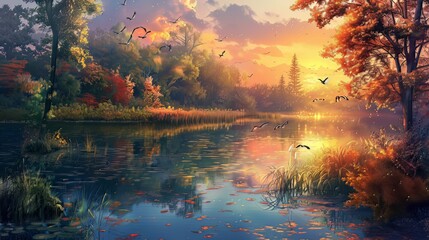 A serene nature landscape with a tranquil pond nestled in the heart of the forest during the radiant sunset, where dancing tree shadows reflect on the water, accompanied by the soothing melodies of co - obrazy, fototapety, plakaty