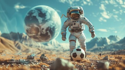 An astronaut in a spacesuit on an alien planet plays football. Slow shot. Majestic scene related to space.