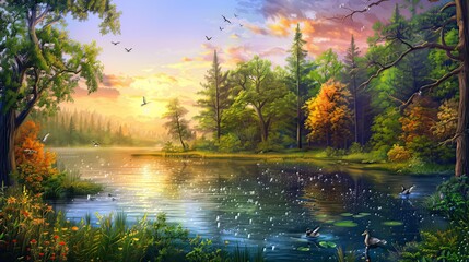 A serene nature landscape with a tranquil pond nestled in the heart of the forest during the radiant sunset, where dancing tree shadows reflect on the water, accompanied by the soothing melodies of co
