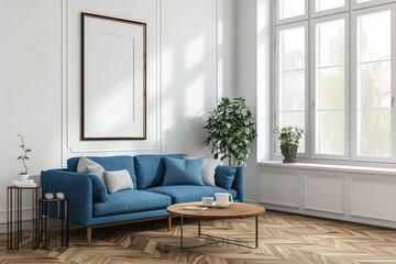 White interior Room With Blue Sofa and Blank Big Frame 