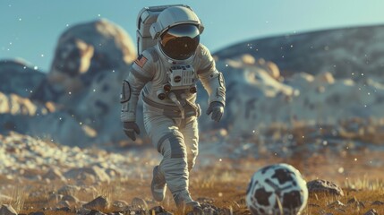 An astronaut in a spacesuit on an alien planet plays football. Slow shot. Majestic scene related to space.