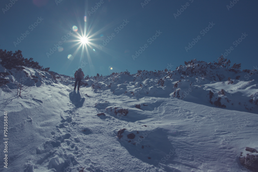 Wall mural hiker in a wintry mountain landscape