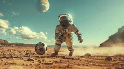 An astronaut in a spacesuit on an alien planet plays football. Slow shot. Majestic scene related to space.