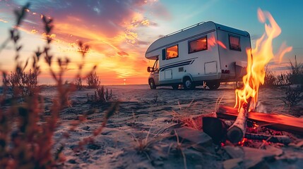 caravan parked on sandy terrain with dry vegetation and burning bonfire against bright sundown sky in nature - obrazy, fototapety, plakaty