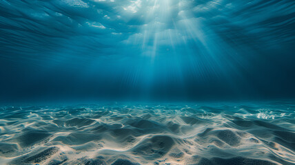 Underwater View with Sunlight Streaming Through Water
. Calm underwater landscape with the sun's rays piercing the clear blue water, creating patterns on the sandy seabed.
 - obrazy, fototapety, plakaty
