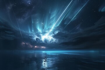 Dark Pastel Colored Scene Sloud Centered in Sky over a Calm Sea during First Light with Laser Streaks like Aurora Emanating from the Sky above Sky Wallpaper created with Generative AI Technology - obrazy, fototapety, plakaty