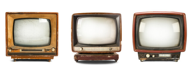 Set of  Classic old Televisions with transparent screen. Retro vintage TVs Replaceable screen cutout Display PNG