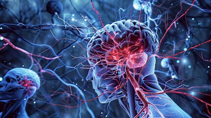 3D illustration of human brain nerve tracts based on magnetic resonance imaging (MRI).  - obrazy, fototapety, plakaty