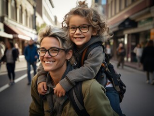 Fototapeta premium Cheerful woman giving her son a piggyback ride down a vibrant city street, both wearing glasses and smiling