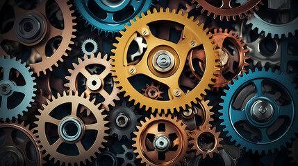 Gears and mechanisms background, industrial innovation, gears and gears working together