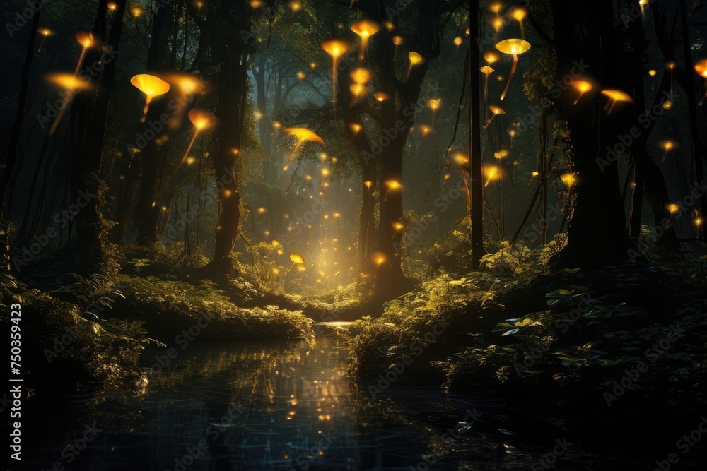 Poster fireflies illuminate a forest at dusk.abstract and magical image of firefly and butterfly flying in 