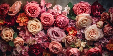 Pink Roses Wall. Pink Rose Flowers. Luxury Floral Background