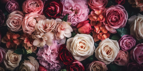Roses background. Flowers wall. Top view, flat lay. Floral Backdrop of red, white and pink roses