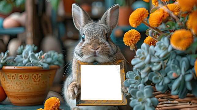 Mystical Easter: Bunny Holding Photo Frame Surrounded by Eggs