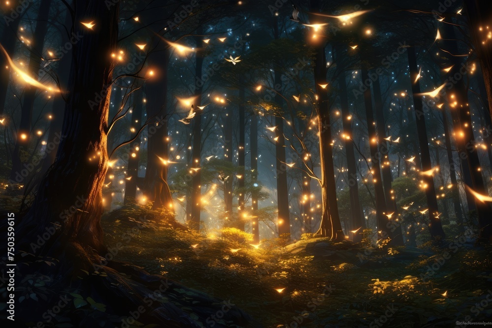 Poster fireflies illuminate a forest at dusk.abstract and magical image of firefly and butterfly flying in 