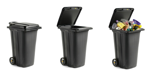 Trash Bin Set PNG Empty and Full isolated on Transparent Background. Clipart Empty & Full Trash Can