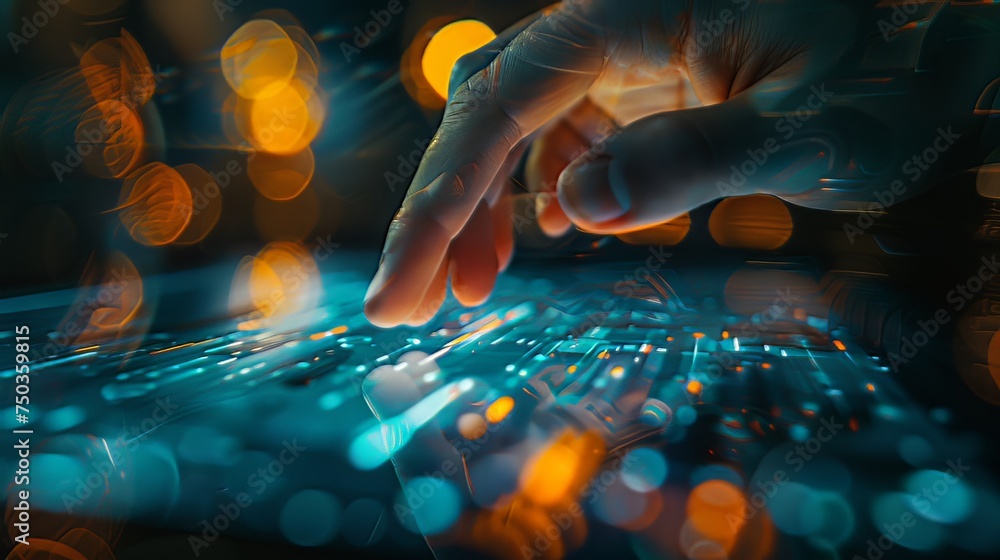 Poster a close-up shot captures the subtle interaction between human and technology, as fingertips graceful