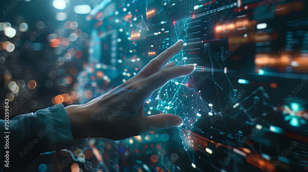 Poster a close-up shot captures the subtle interaction between human and technology, as fingertips graceful
